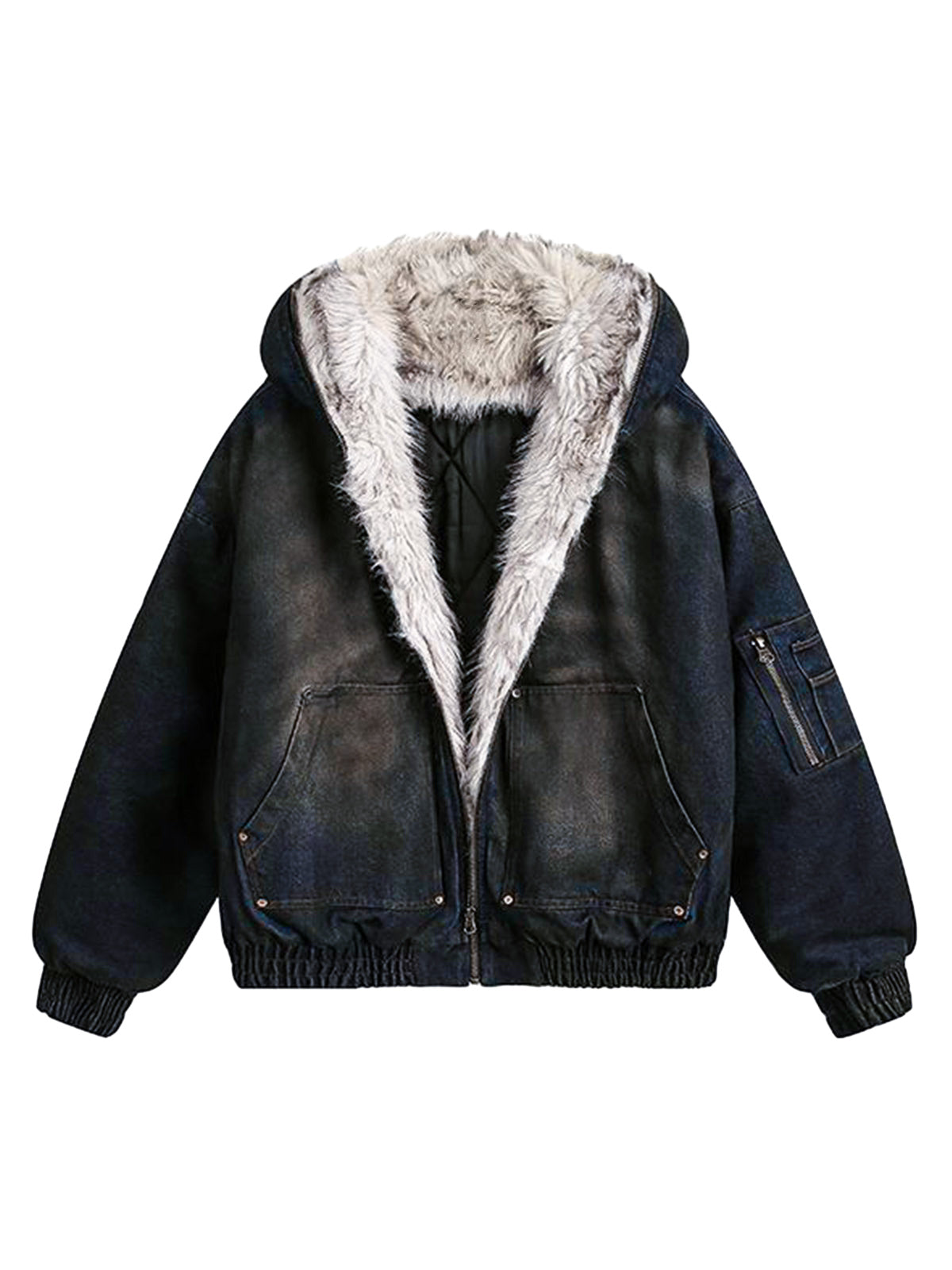 Thesupermade Washed Denim Fur Hooded Jacket - 2265