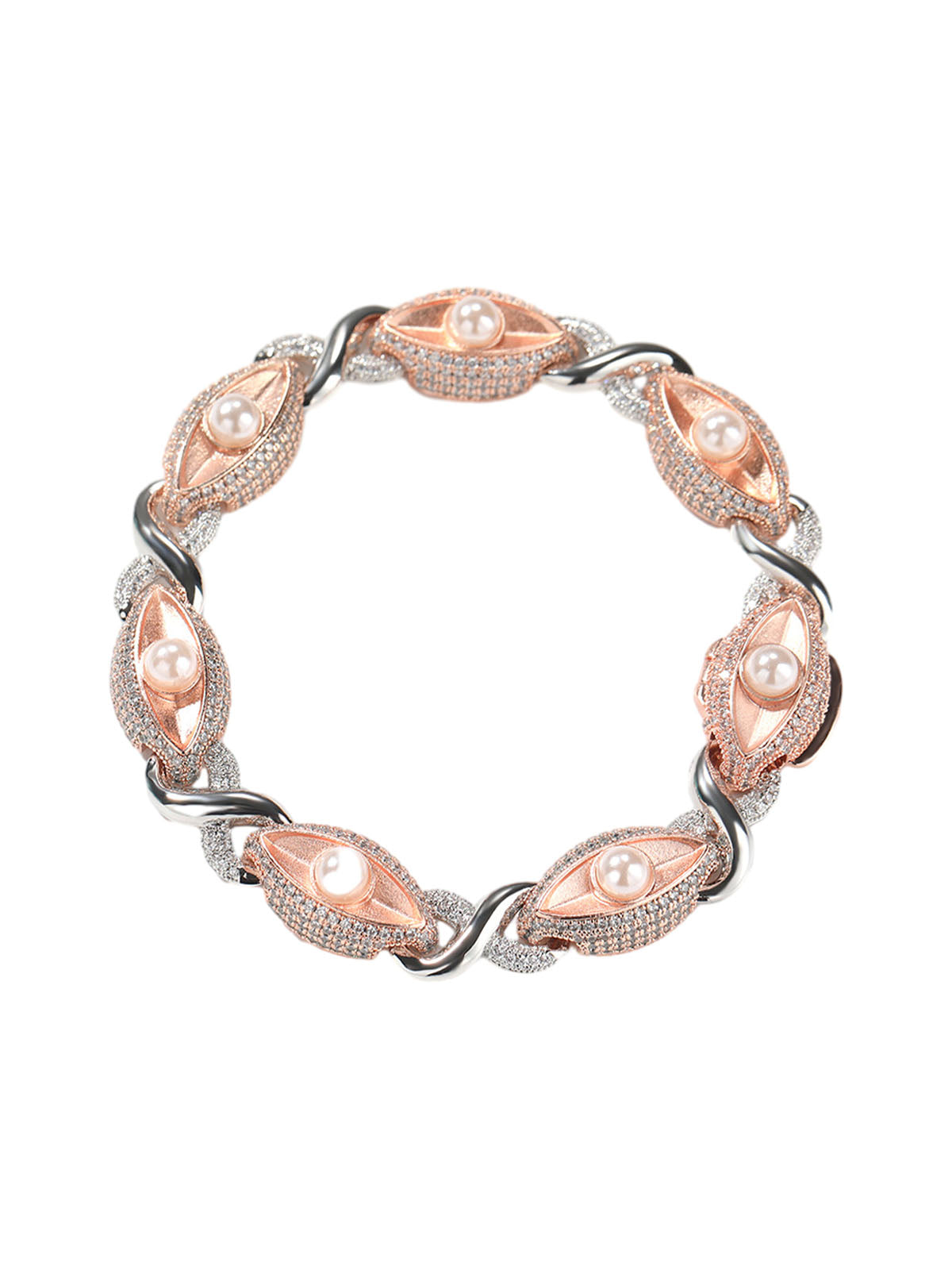 Sandblasted Pearl Eye Hotfix Rhinestone Copper Bracelet