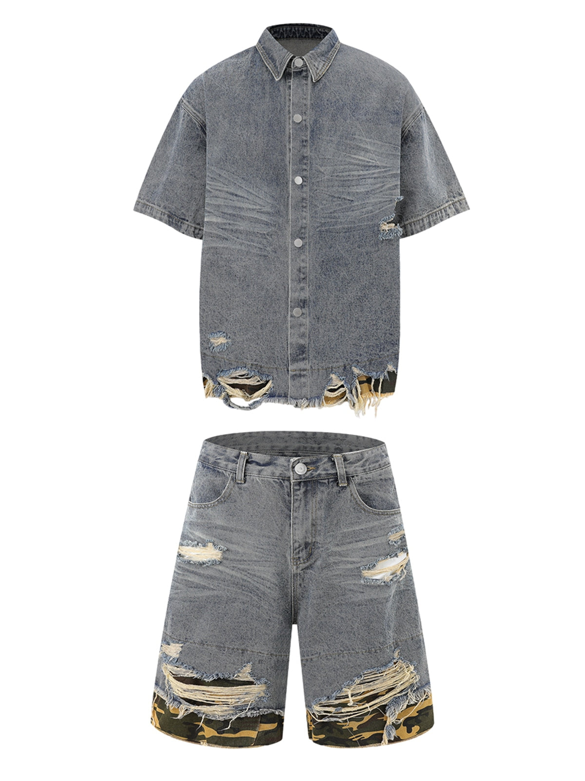 Thesupermade Patchwork Camouflage Ripped Shirt Jorts Denim Suit