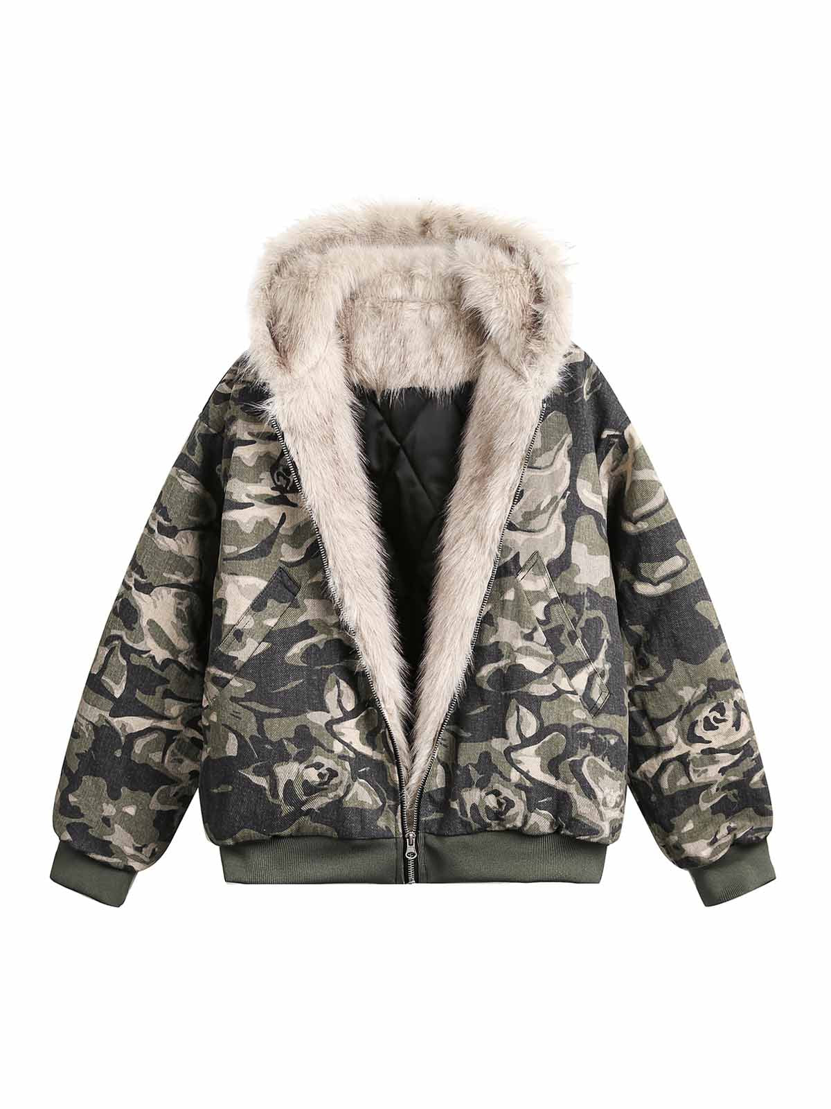 Camouflage jacket with fur hood online