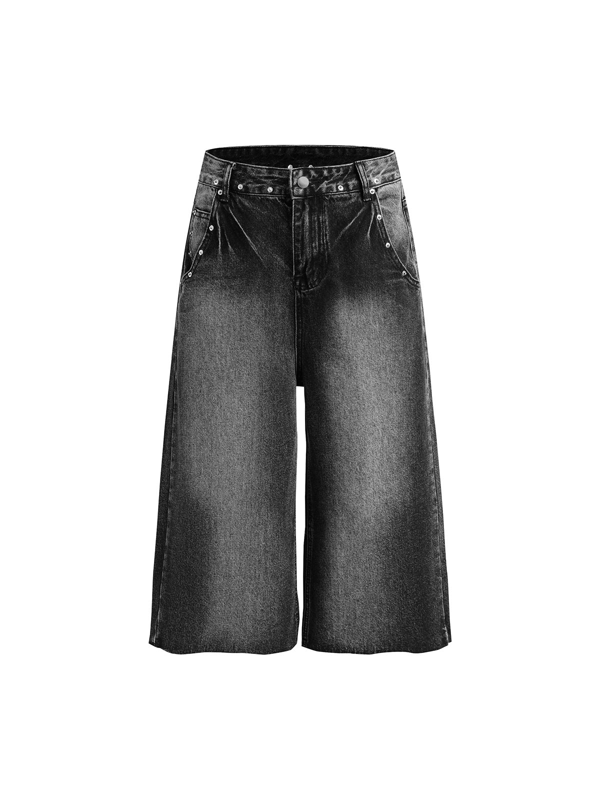 Washed Distressed Rivet Denim Cropped Jorts