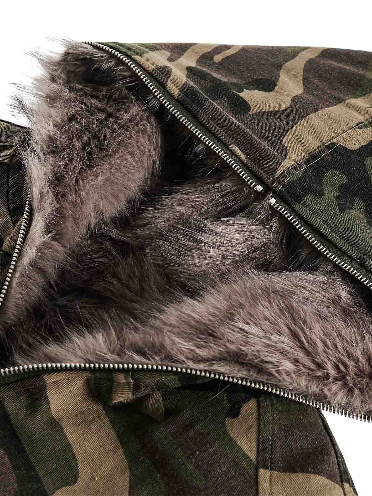 Thesupermade Camouflage Fur Collar Hooded Quilted Jacket