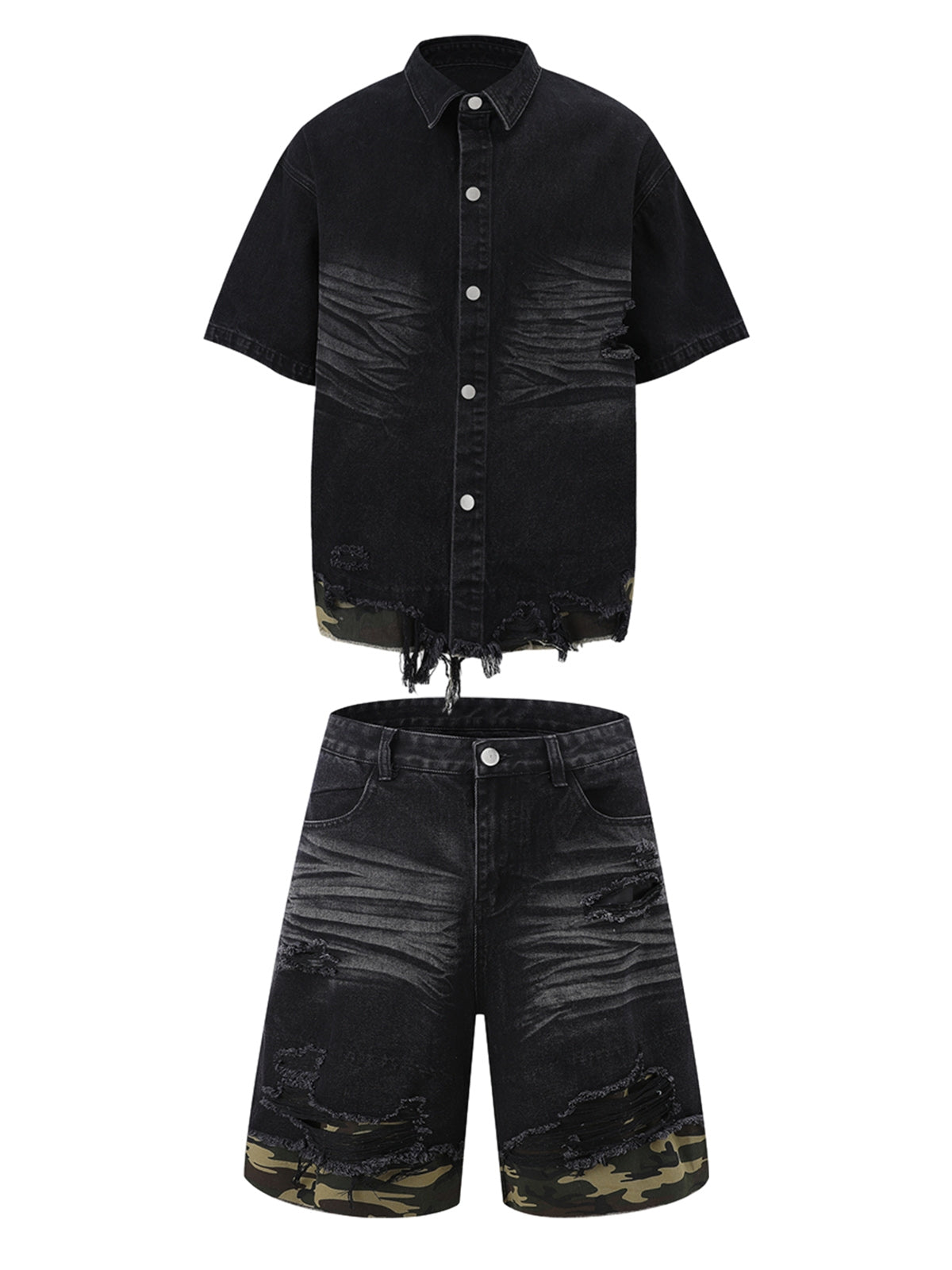 Thesupermade Patchwork Camouflage Ripped Shirt Jorts Denim Suit