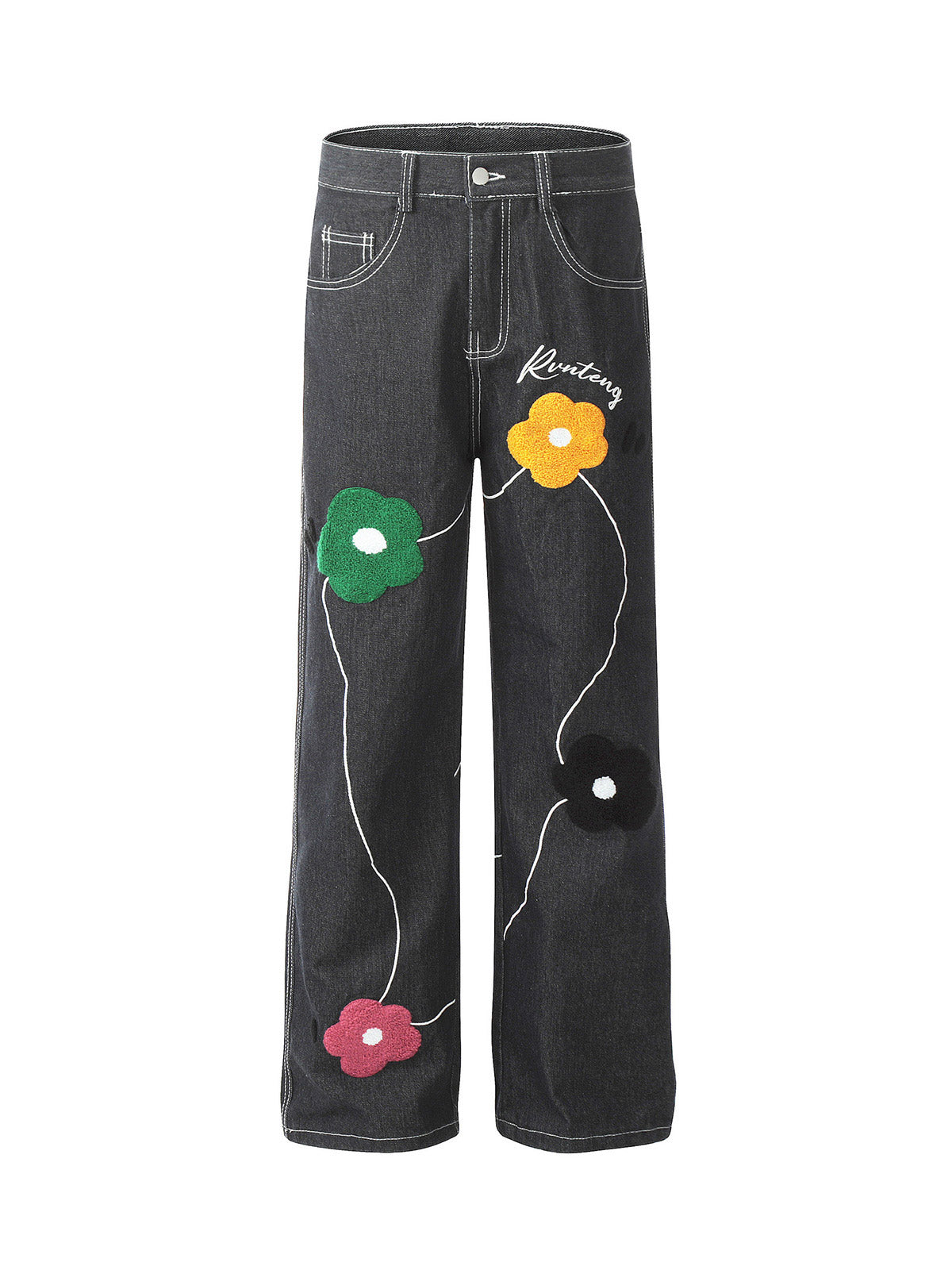 Thesupermade Vintage Floral Embroidery Washed Straight Leg Jeans