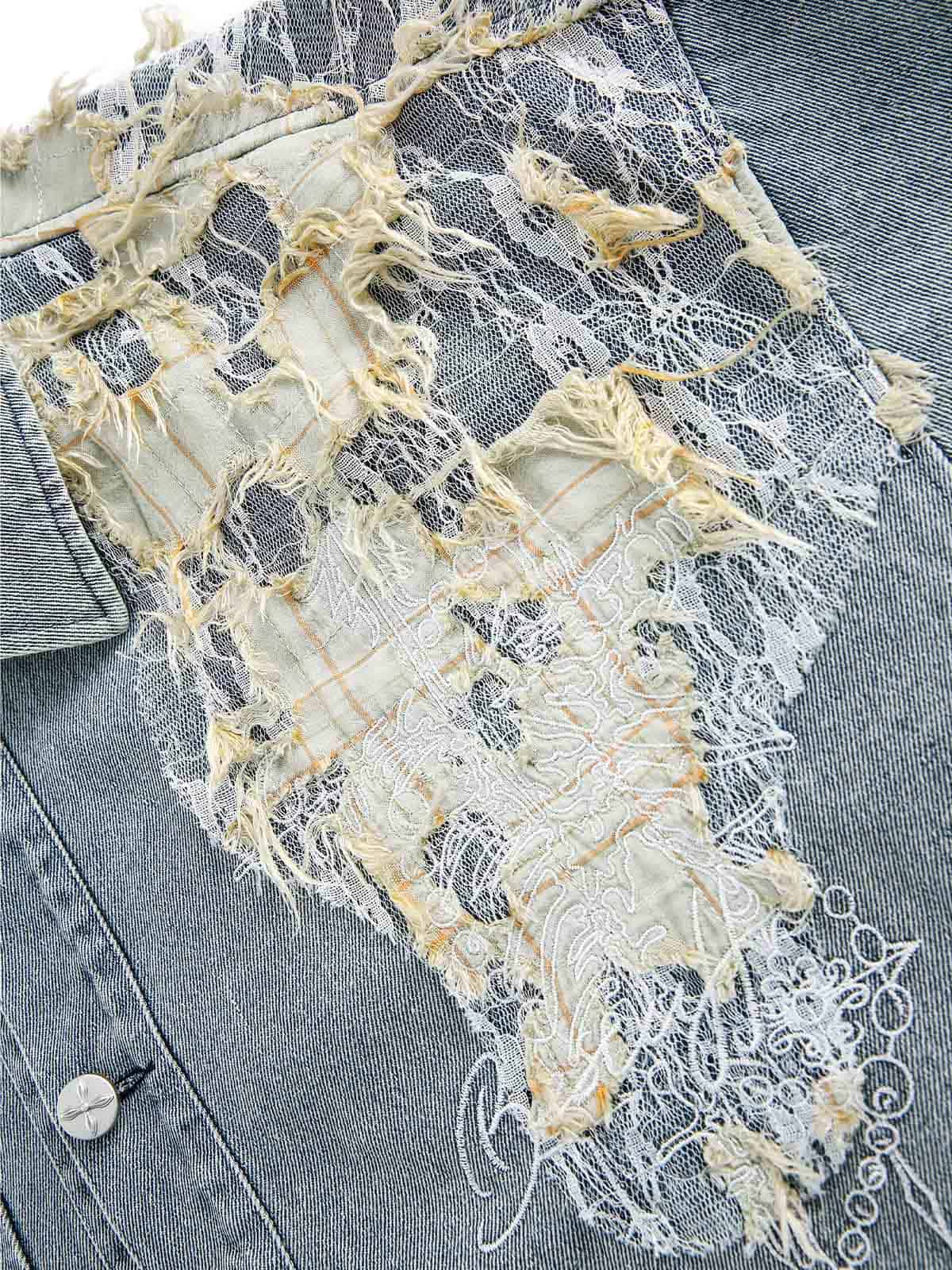 Washed Ripped Lace Spliced Denim Set