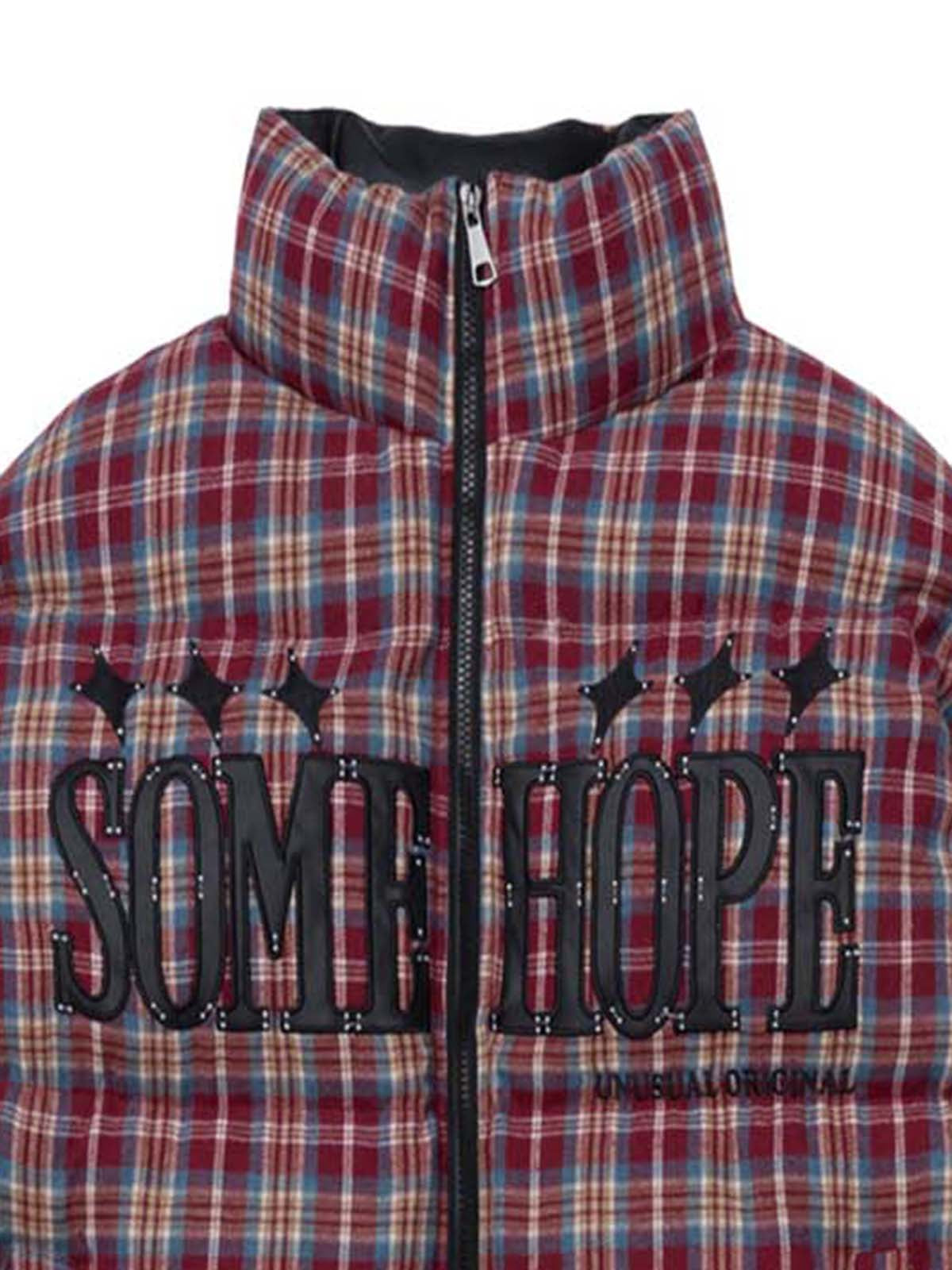 Retro Plaid PU Leather Patchwork Embroidery Puffer Jacket