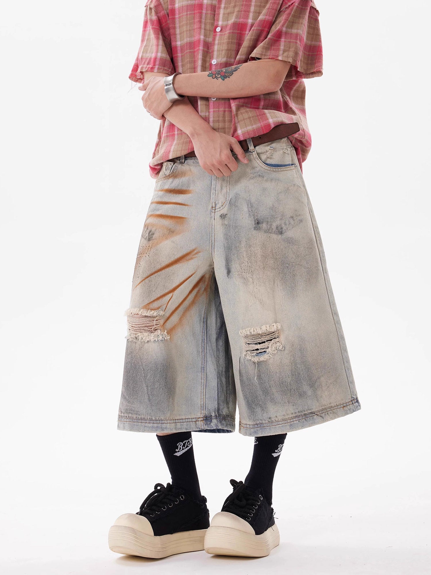 Thesupermade Punk High Street Dirty Ripped Denim Jorts