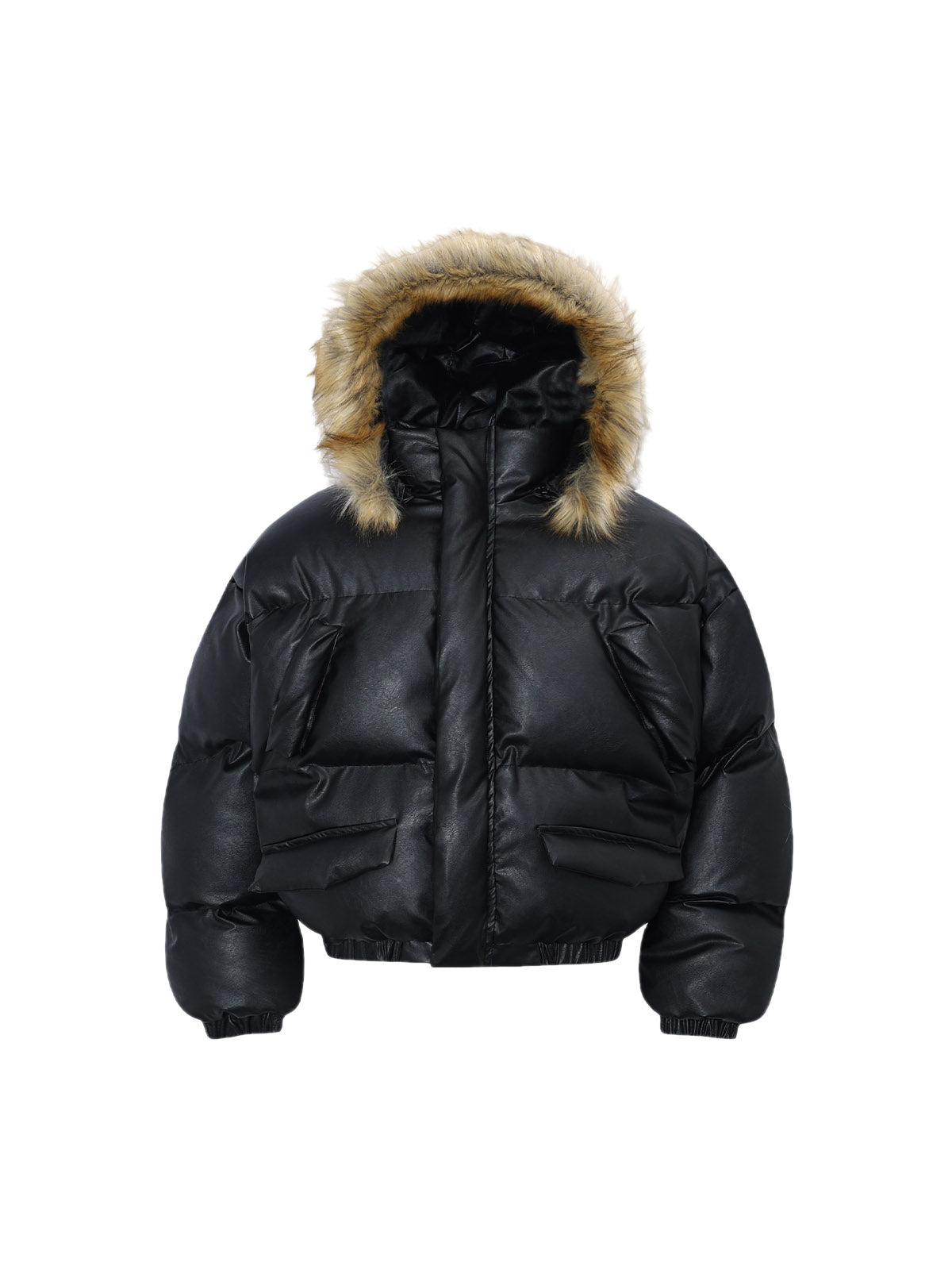 PU Leather Windproof Fur Hooded Jacket