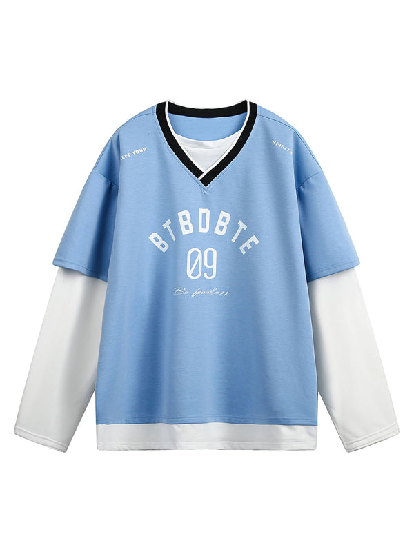 Faux Two-Piece Jersey Print Long Sleeve T-shirt