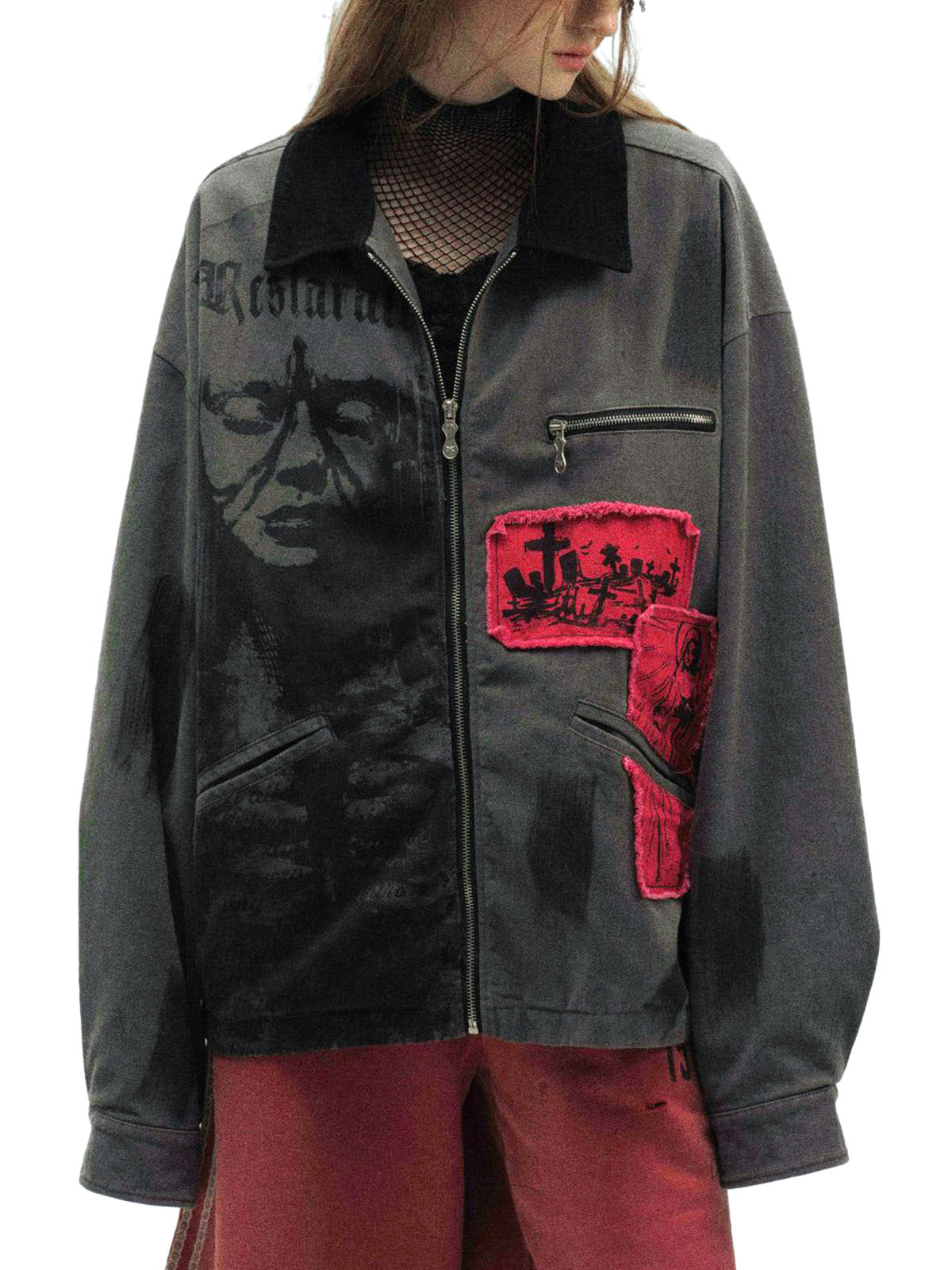 Wasteland Style Portrait Print Patchwork Barn Jacket