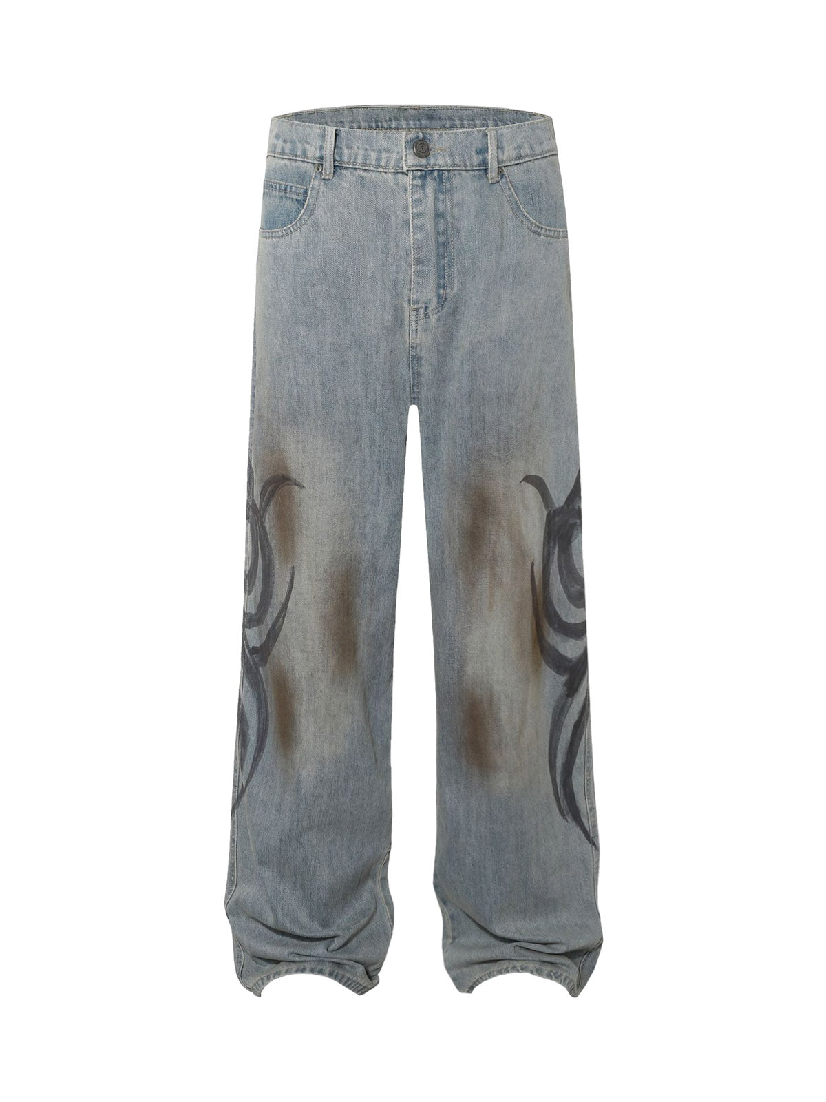 Washed Artistic Tattoo Print Baggy Jeans