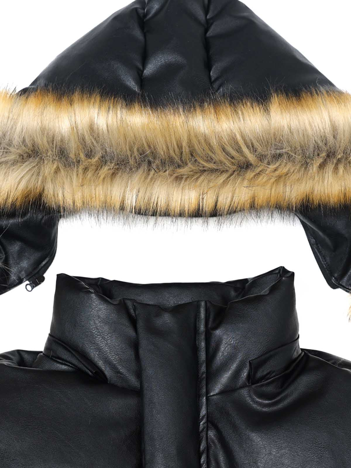 PU Leather Windproof Fur Hooded Jacket