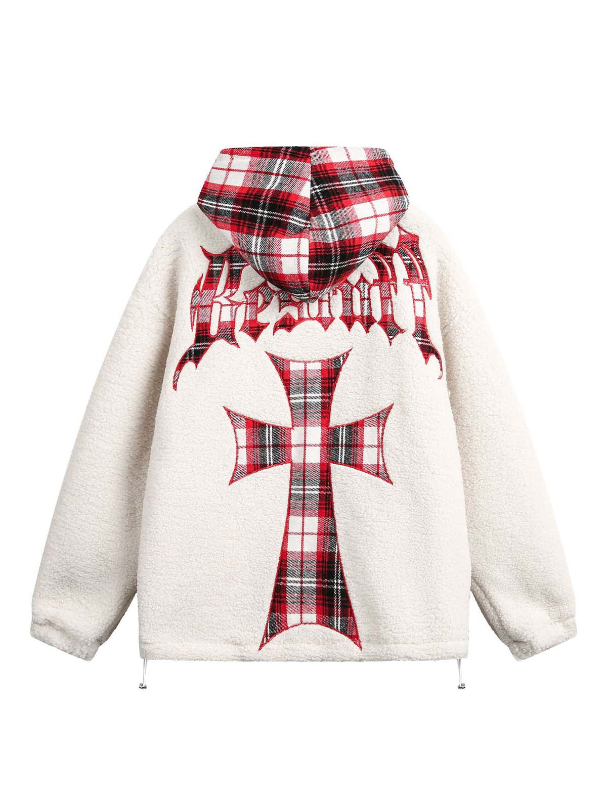 Cross Embroidered Faux Two-Piece Plaid Sherpa Jacket