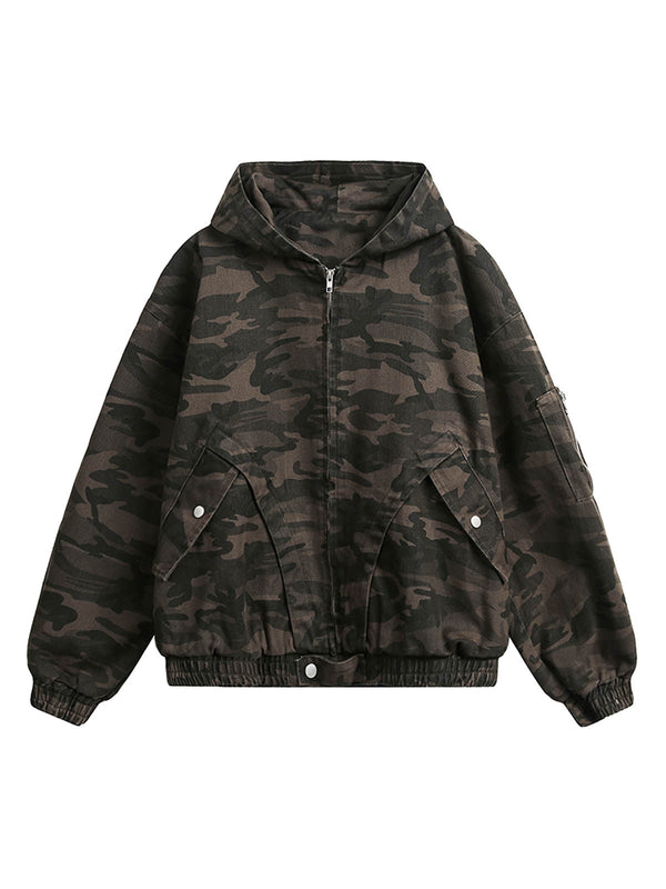 Deconstructed Camouflage Workwear Cardigan Hooded Jacket