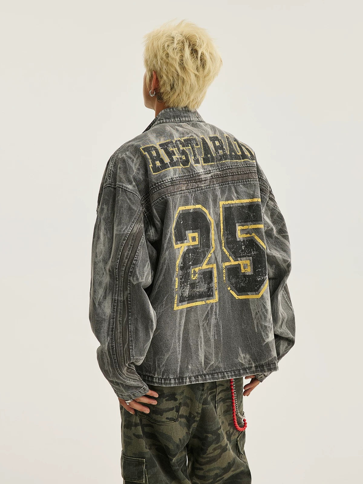 Thesupermade Hip-hop Distressed Washed Printed Denim Jacket - 2239