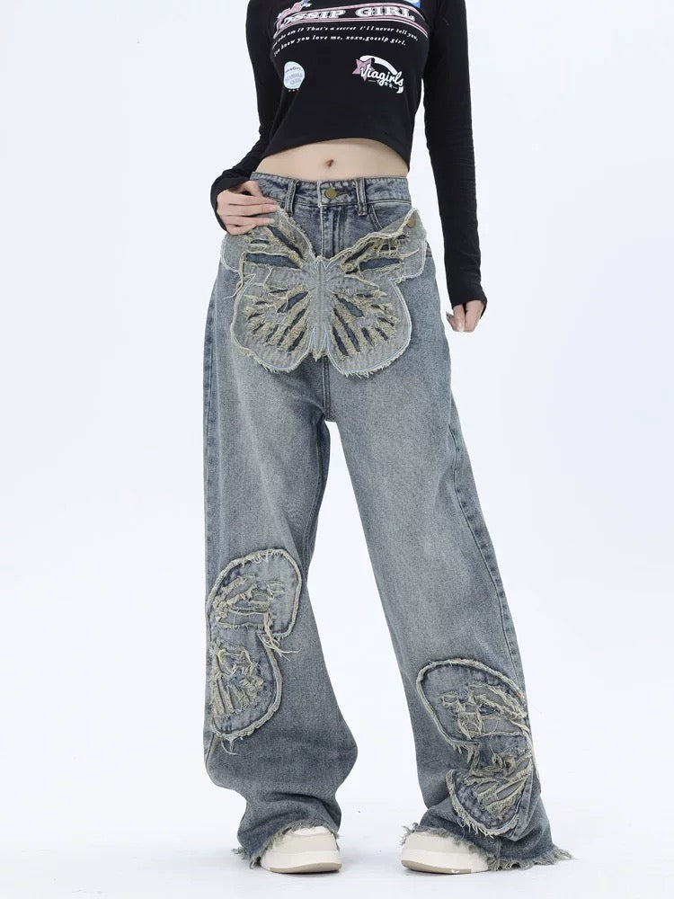 Thesupermade Appliqued Butterfly Embroidered Jeans