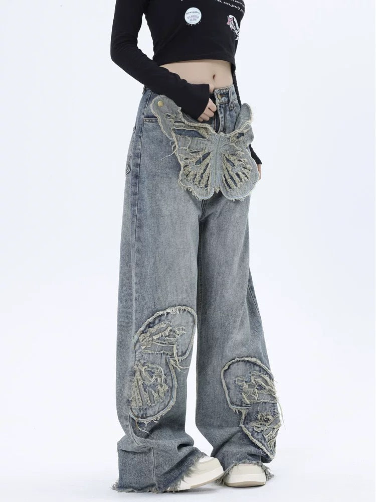 Thesupermade Appliqued Butterfly Embroidered Jeans