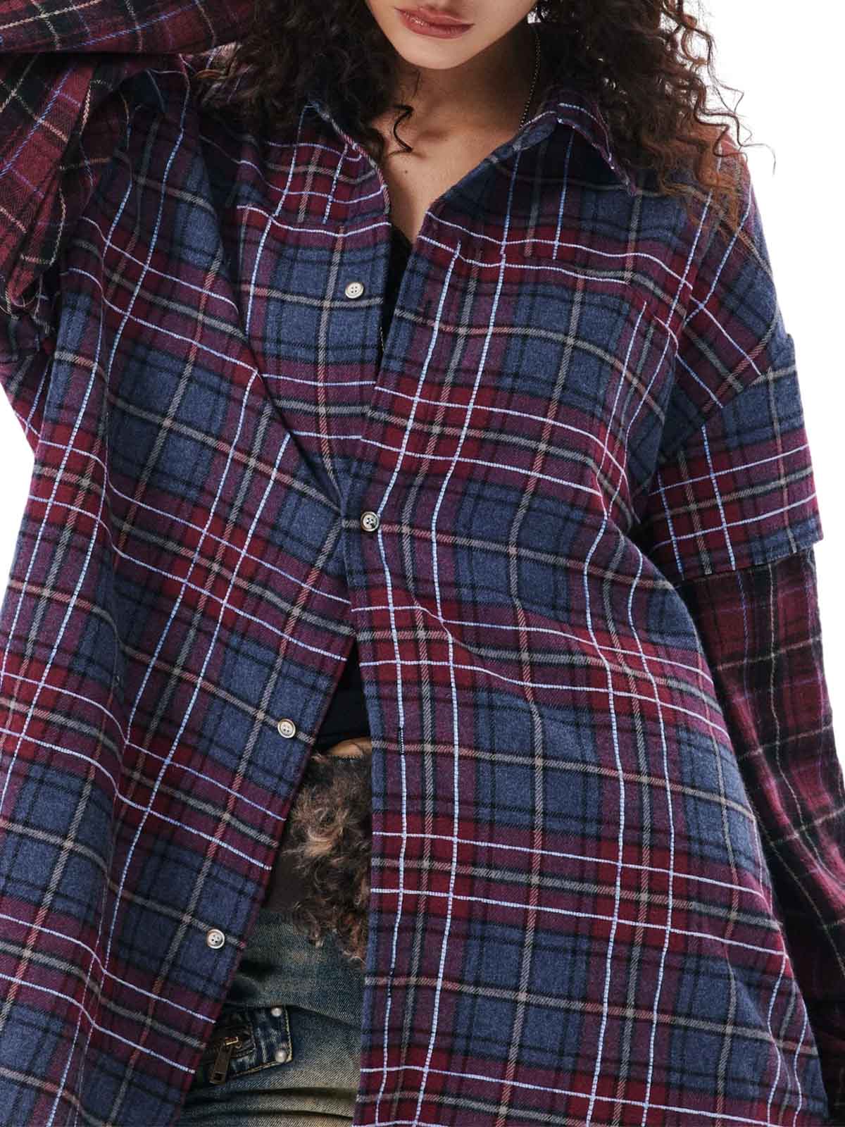 Retro Faux Two-Piece Plaid Shirt