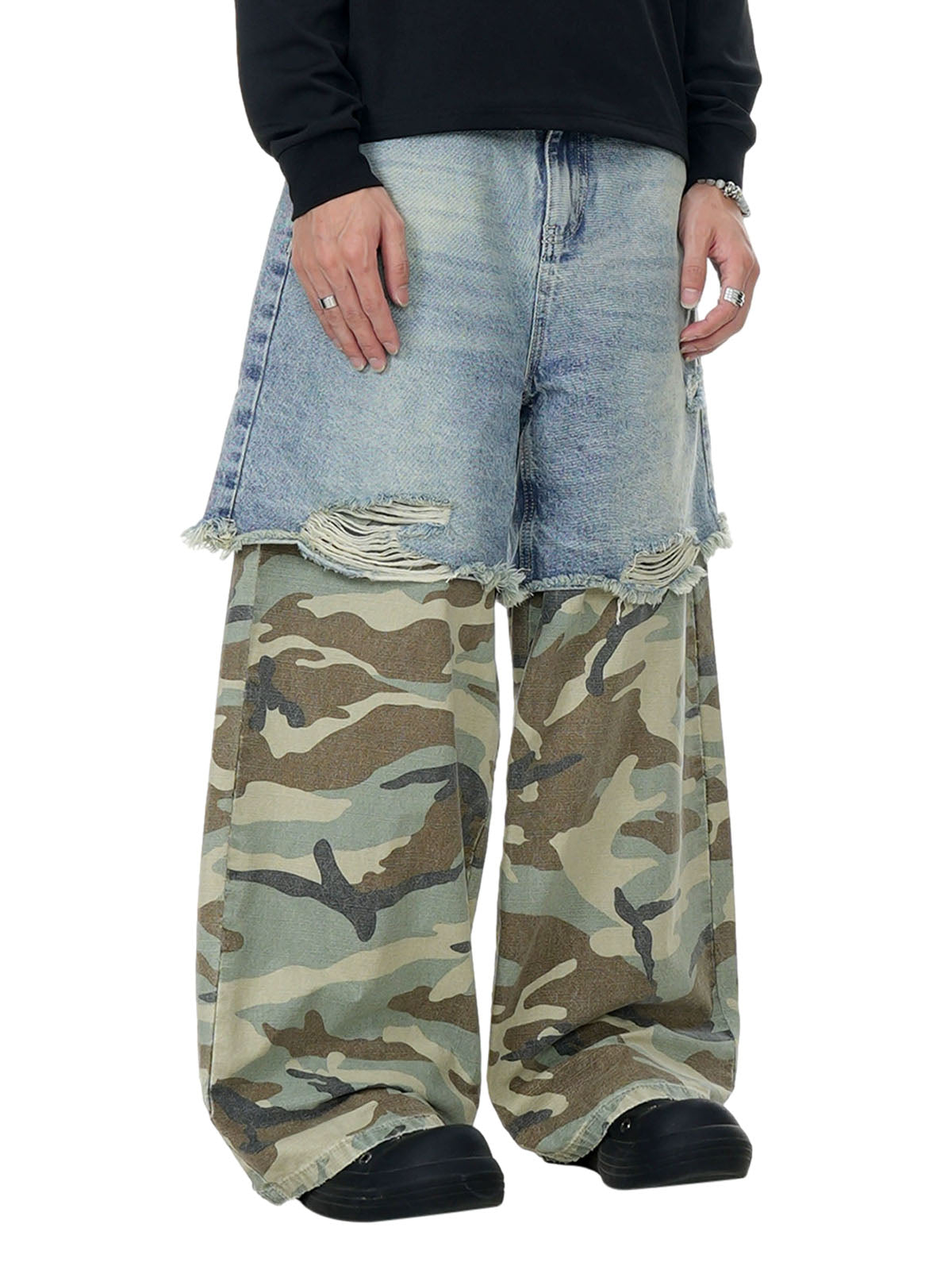 Washed Stitching Camouflage Ripped Baggy Jeans