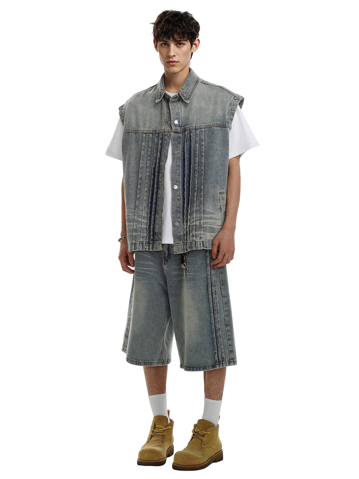 Distressed Washed Pleated Vest Jorts Denim Suit