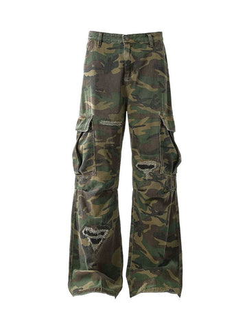 Ripped Camouflage Flared Cargo Pants