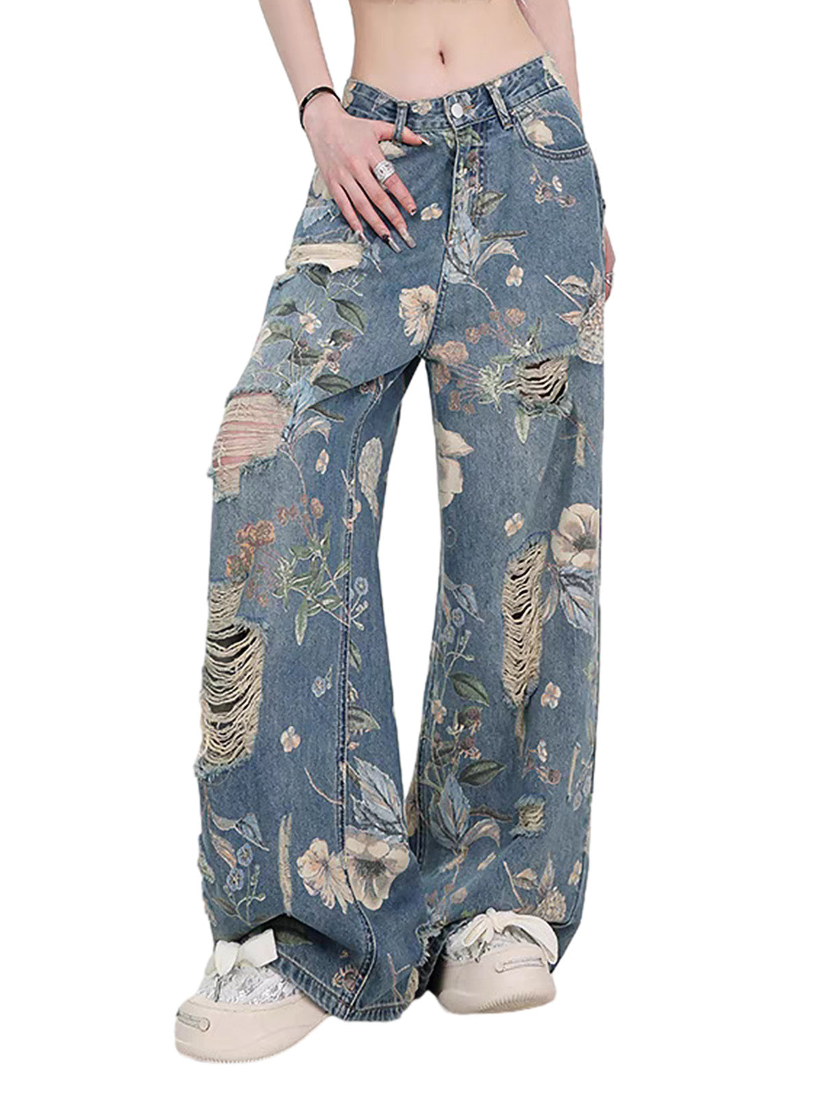 Vintage Washed Distressed Floral Ripped Baggy Jeans