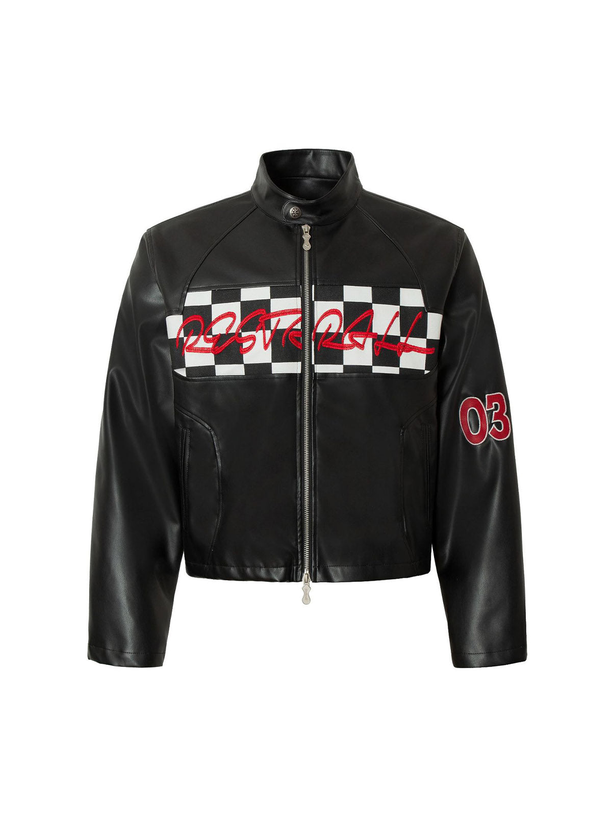 Plaid Stitching Motorcycle Leather Jacket