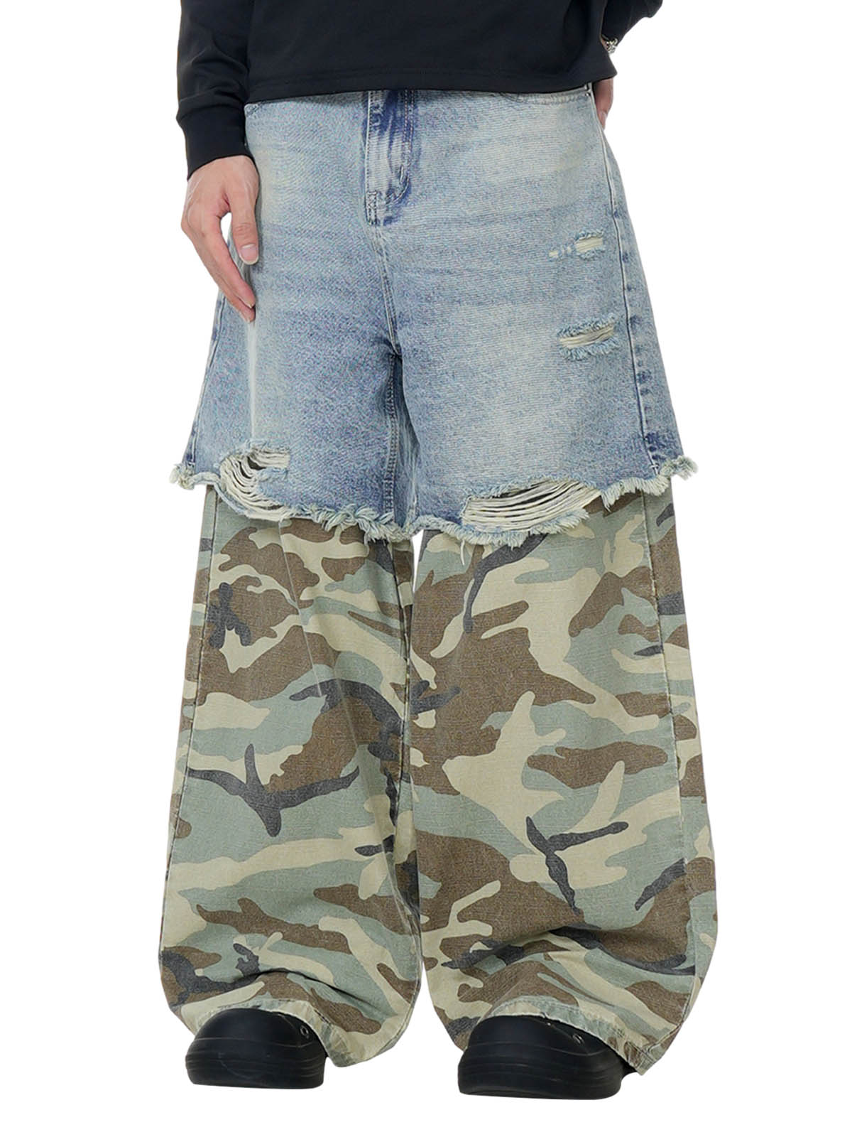 Washed Stitching Camouflage Ripped Baggy Jeans