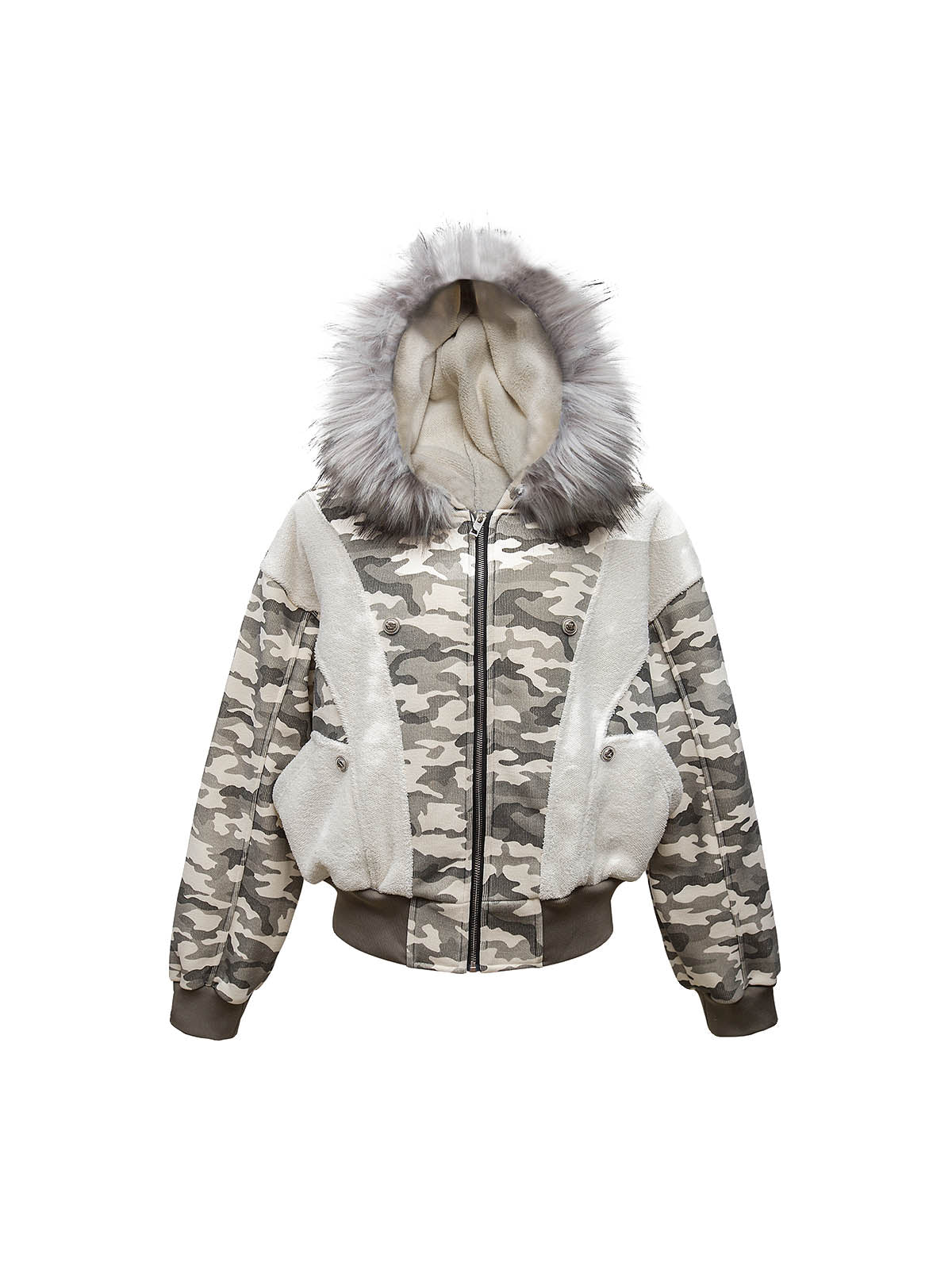 Camouflage Spliced Fur Hooded Fleece Jacket - 2262