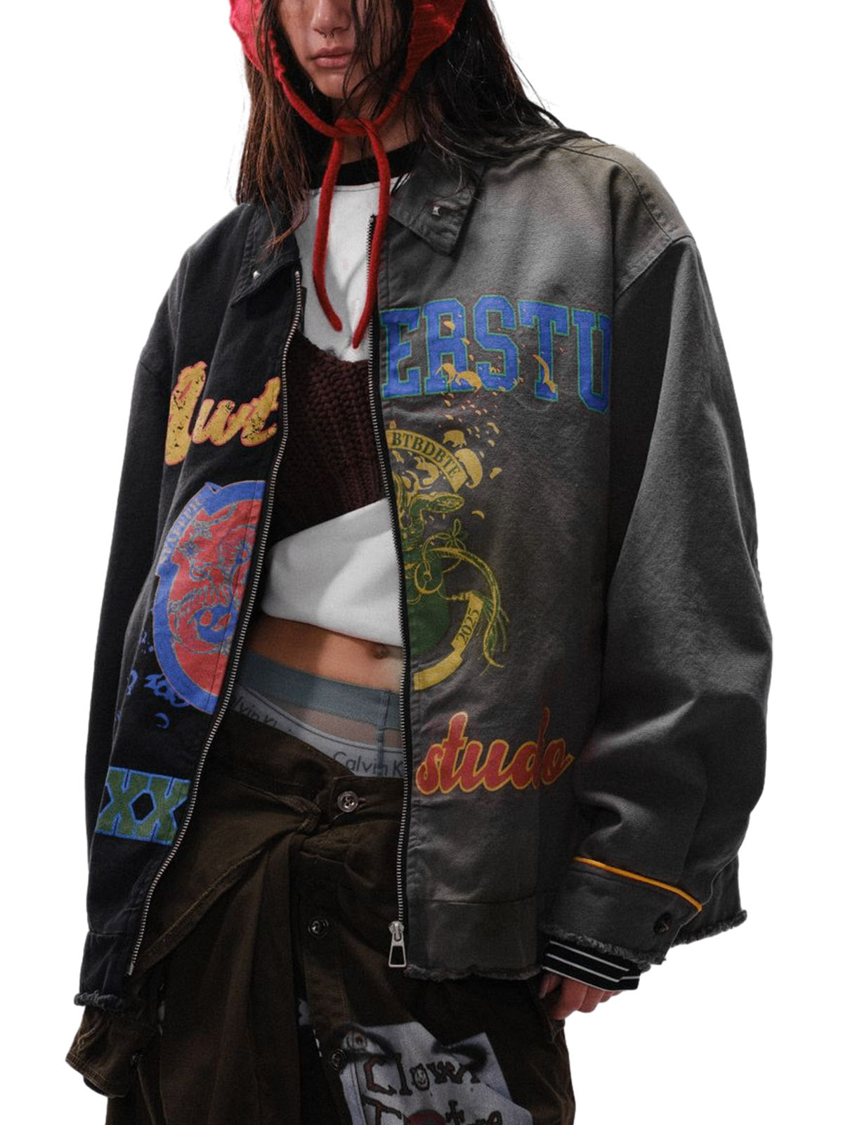 Contrast Color Spliced Graffiti Zip Up Jacket