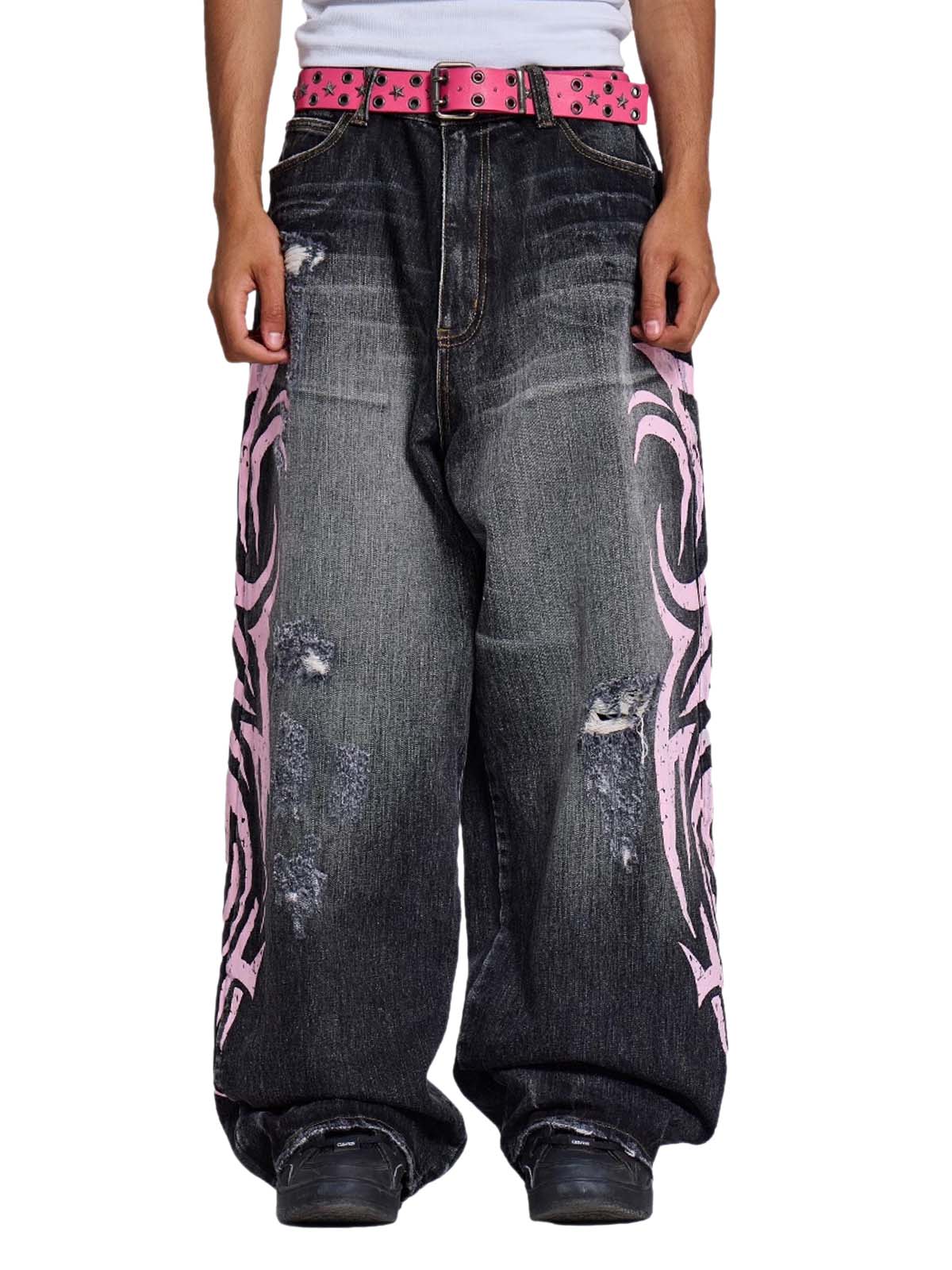 Washed Ripped Side Seam Straight Jeans