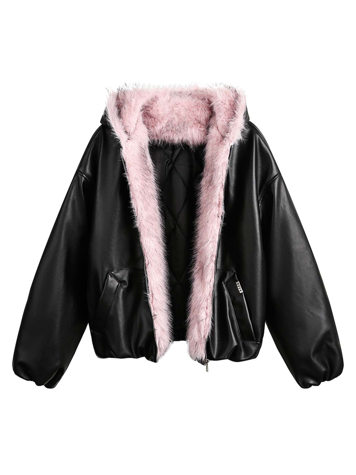 Leather Pink Fur Hooded Quilted Jacket Thesupermade