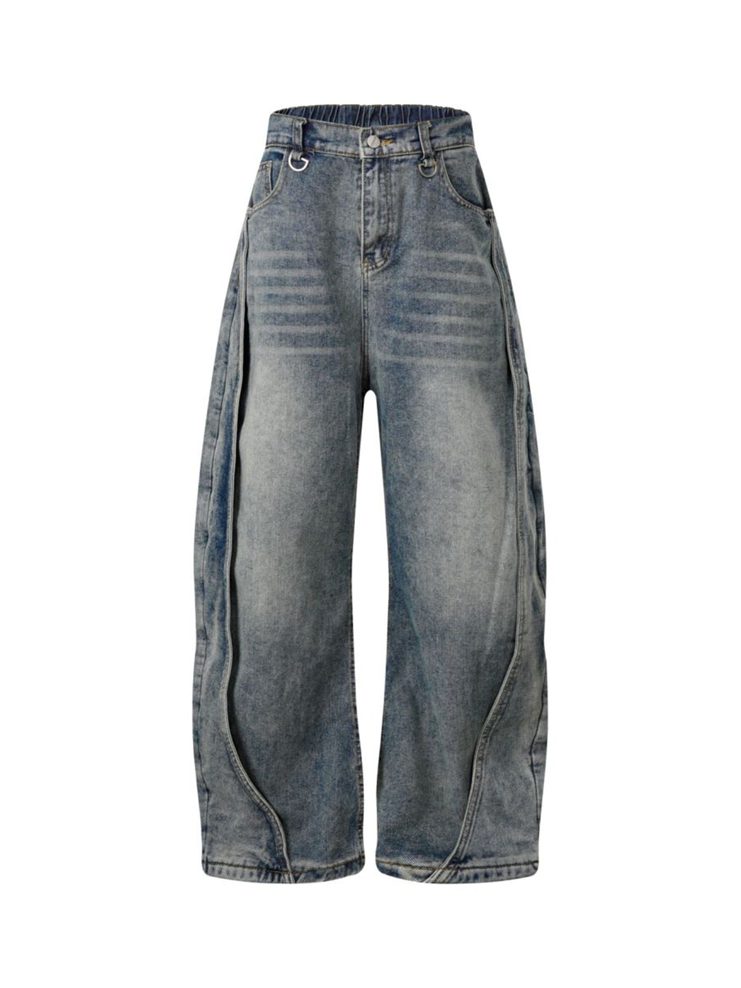 Washed Distressed Deconstructed Split Barrel Jeans