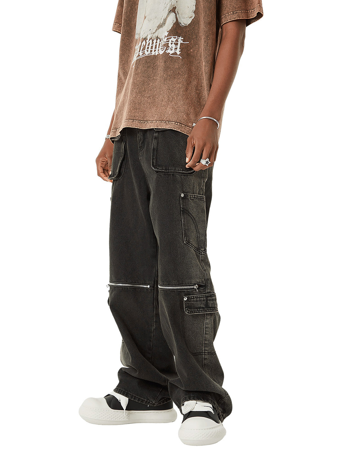 Thesupermade Multi-pocket Zipper Design Washed Hip-Hop Jeans - 2112