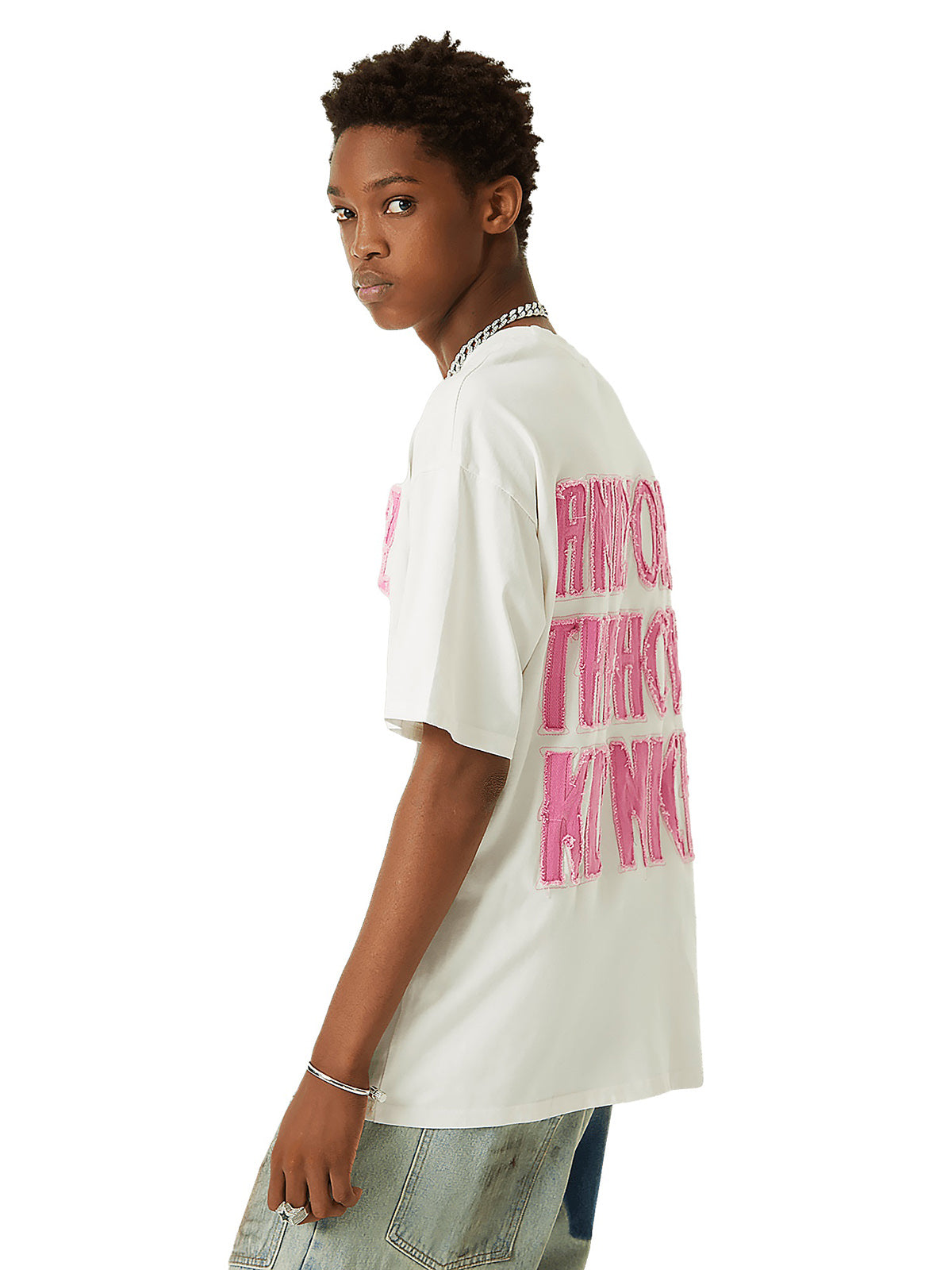 Thesupermade Pink Letter Applique Street Rap T-shirt - 2145