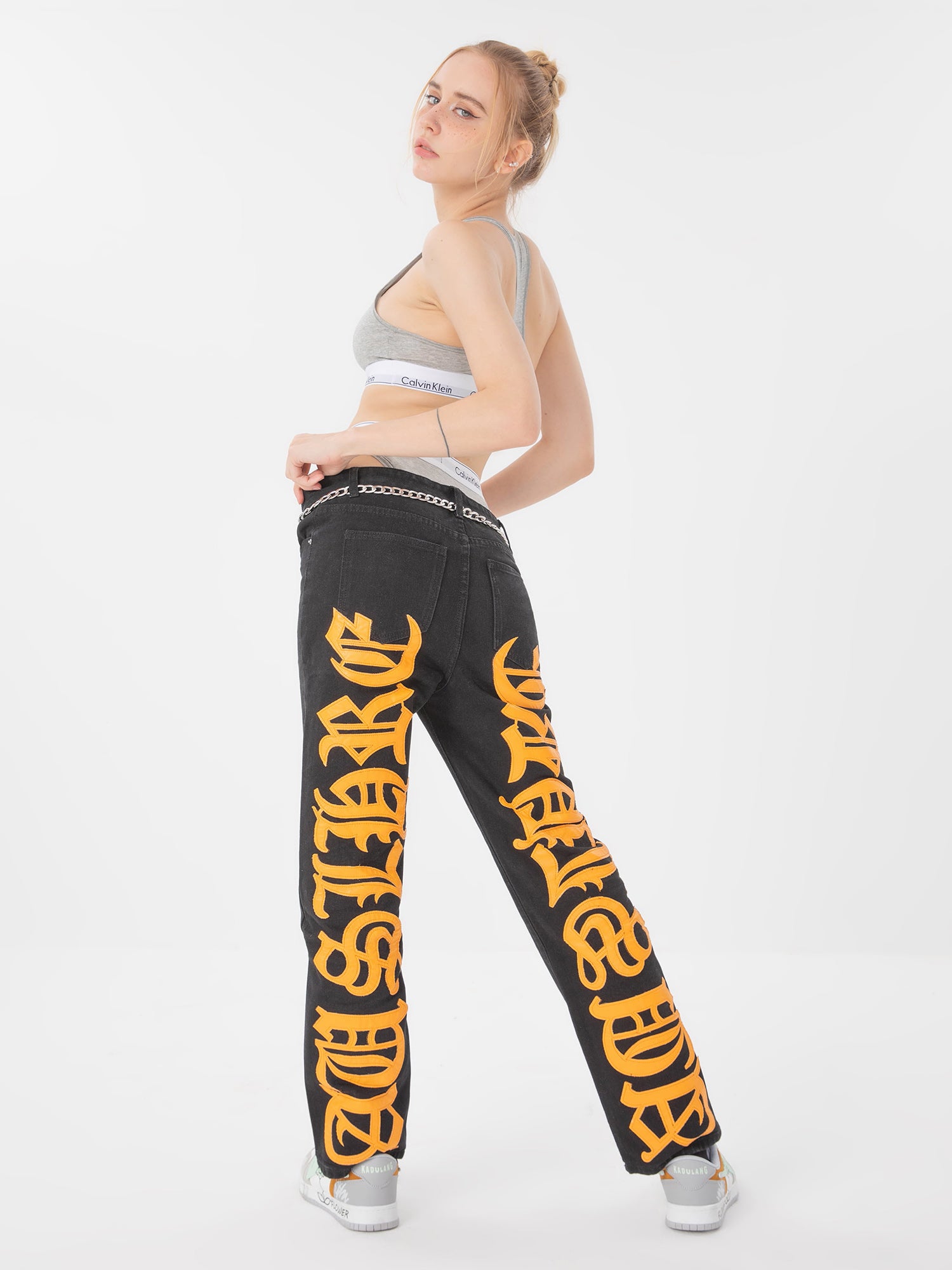 Thesupermade Burning Text Embroidered Letters Jeans -1478