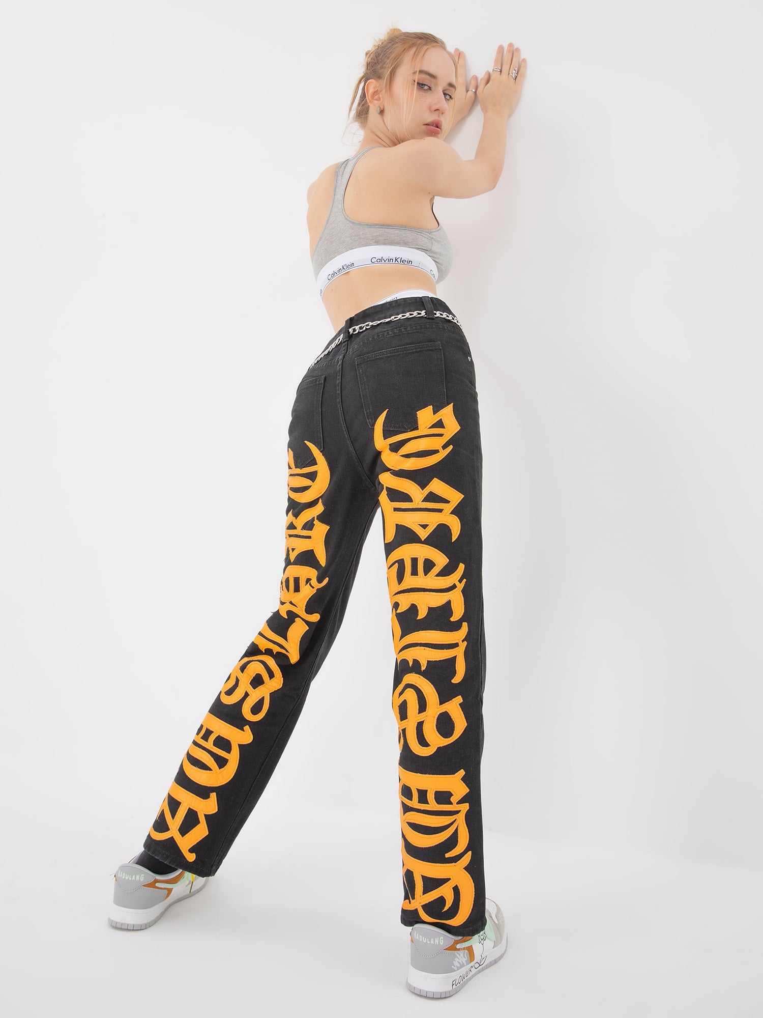 Thesupermade Burning Text Embroidered Letters Jeans -1478