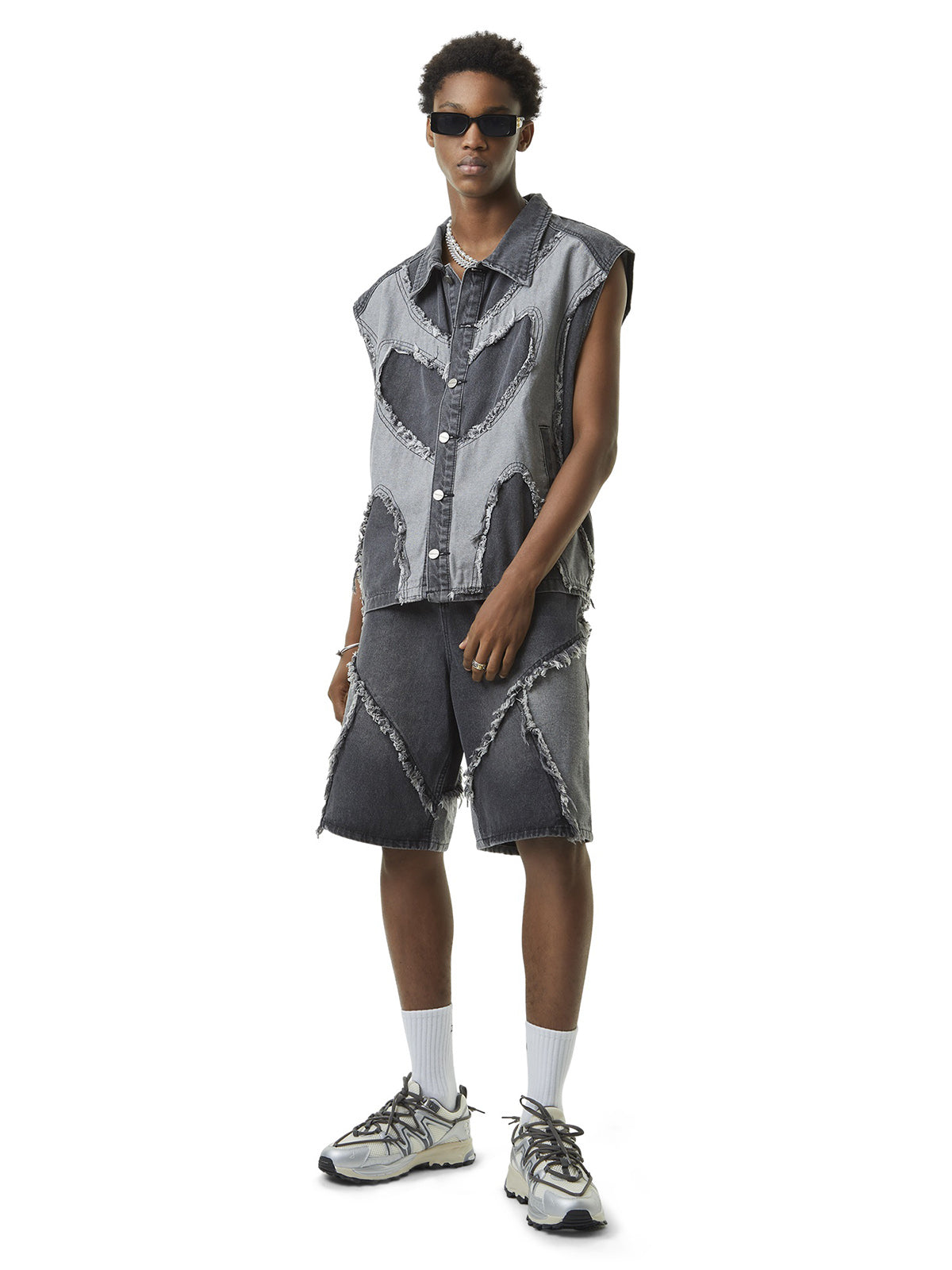 Thesupermade Contrast Denim Heart Stitching Street Rap Vest - 2062