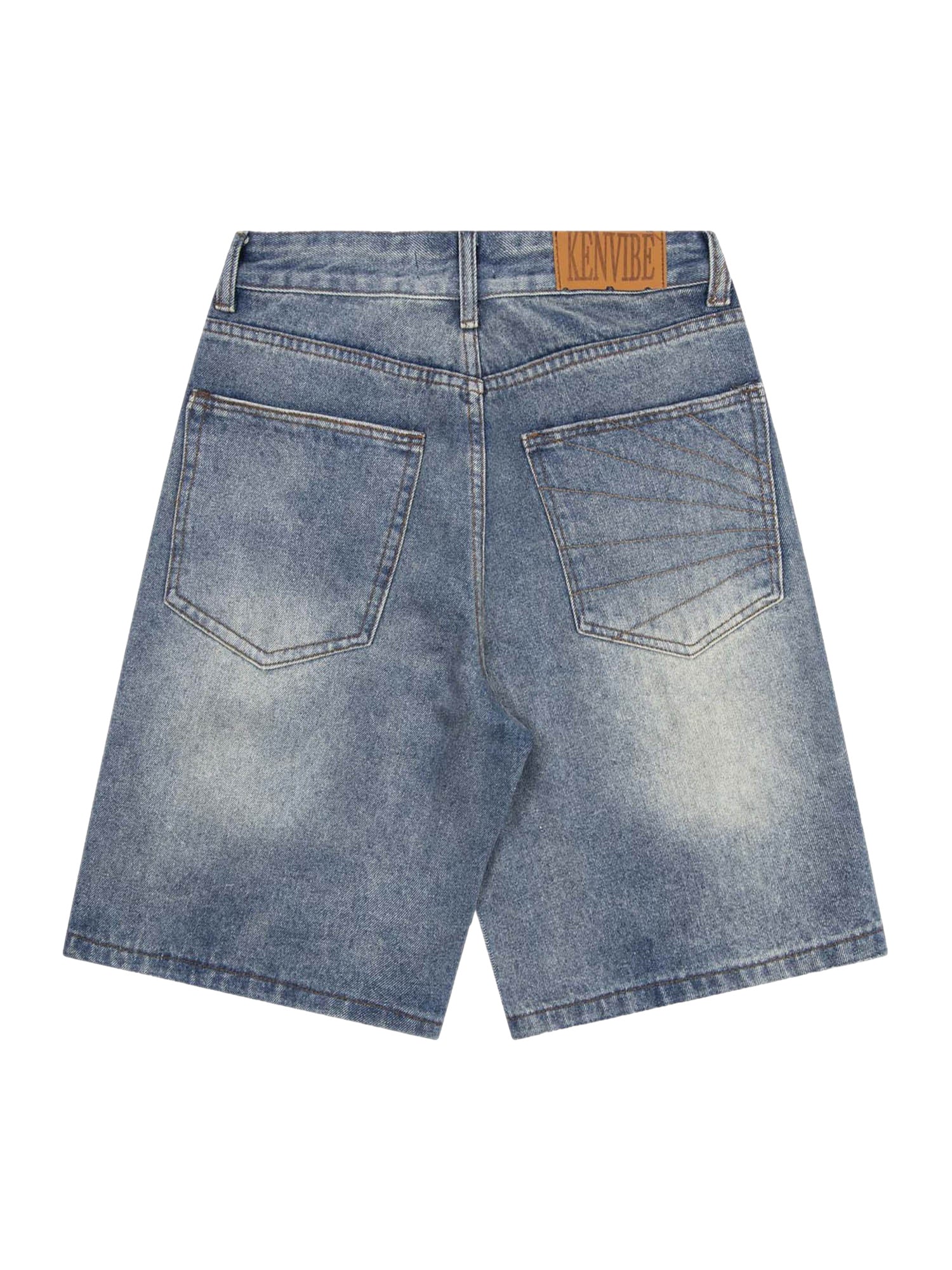 Washed Distressed Topstitch Denim Jorts - 2067