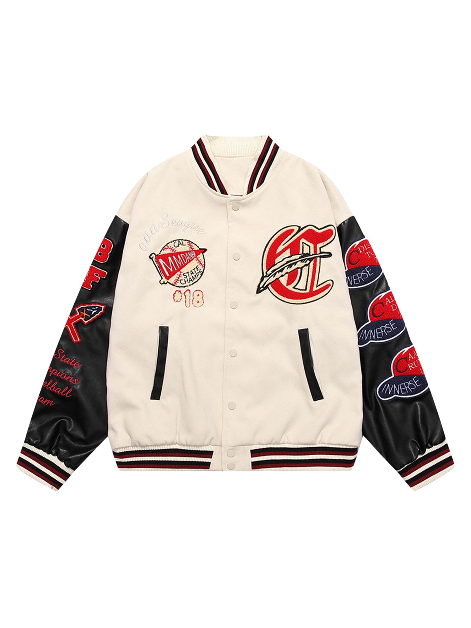 Patchwork PU Leather Embroidered Alphabet Baseball Jacket-1819