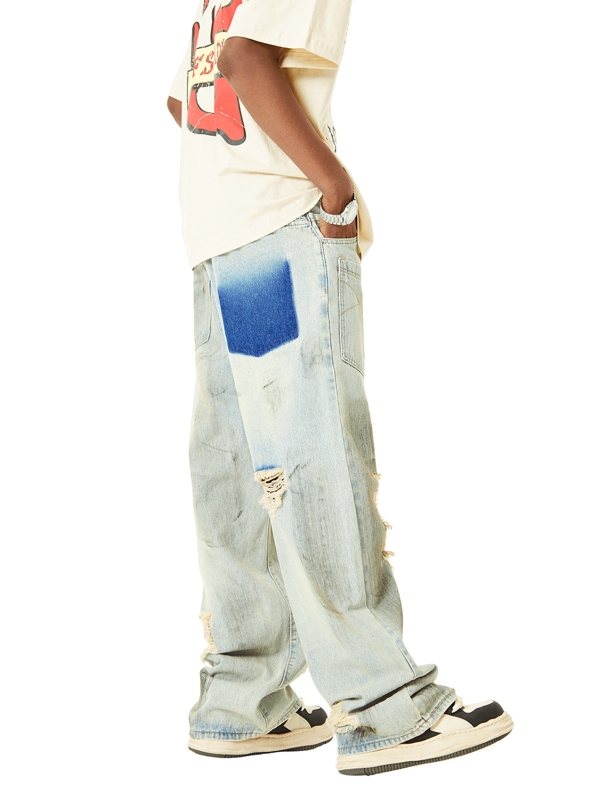 Thesupermade Retro Washed Reverse Design Hip-Hop Jeans