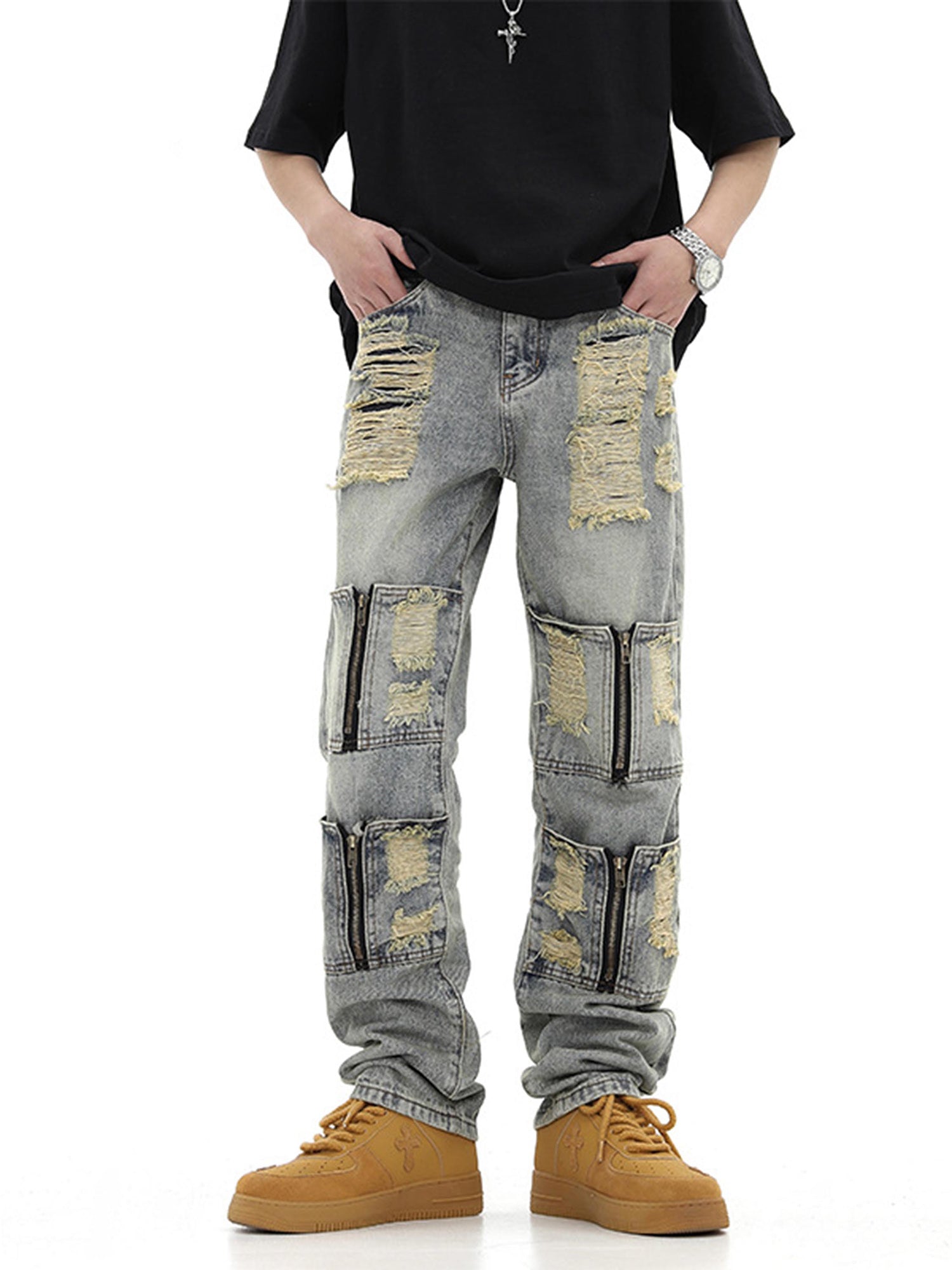 High Street Washed And Torn Work Pockets Denim Pants- 1646