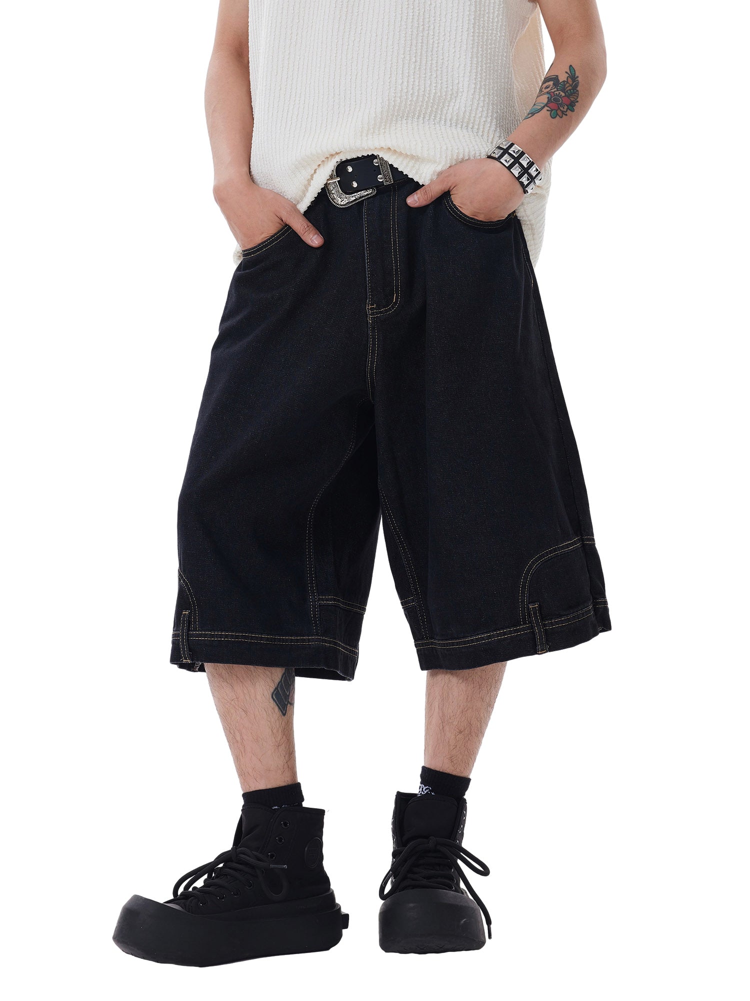 Retro Reverse Design Washed Denim Jorts - 2080