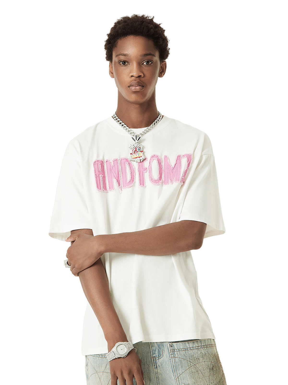 Thesupermade Pink Letter Applique Street Rap T-shirt - 2145