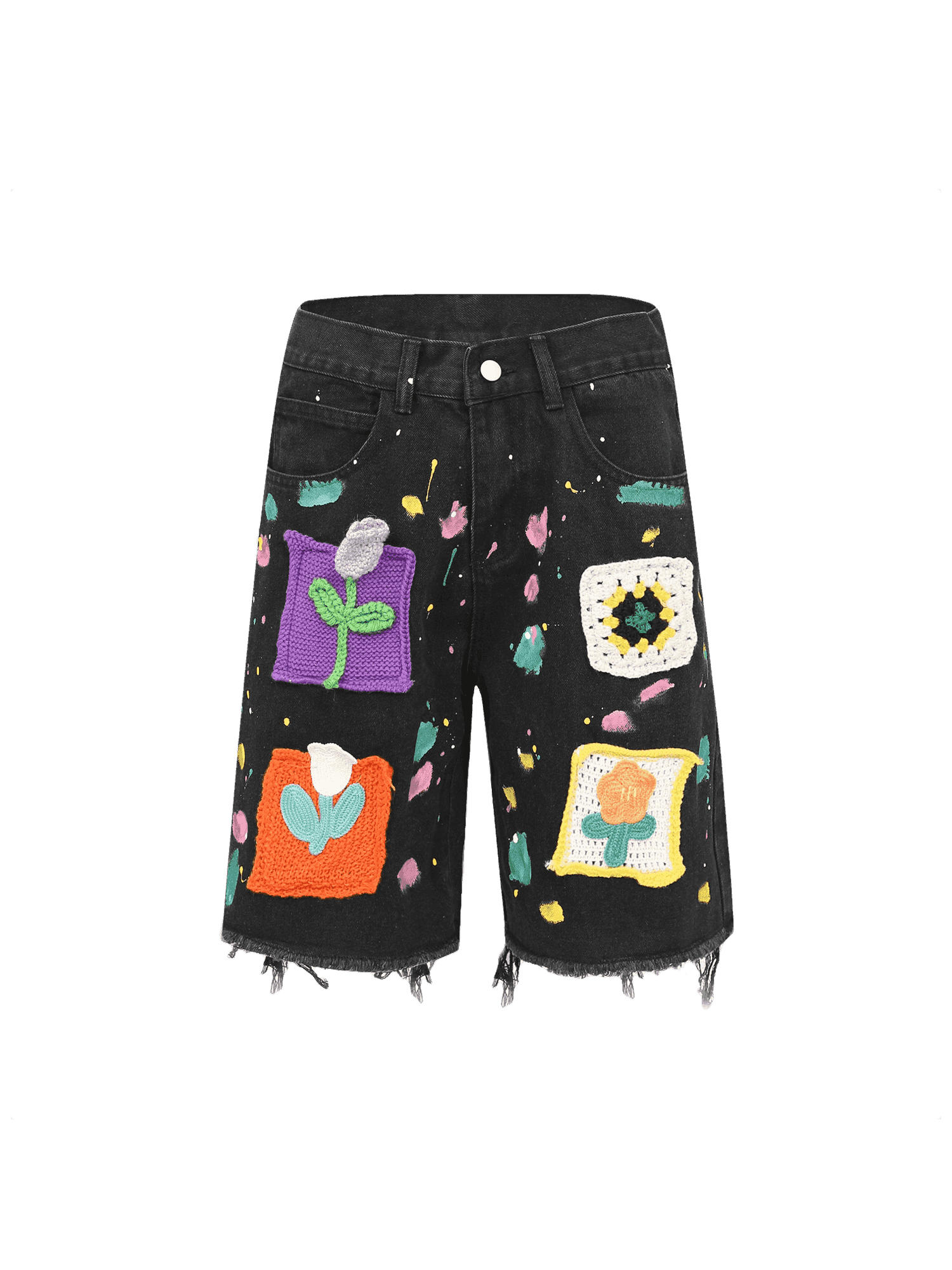 American Street Patch Flower Embroidered Cat Whiskers Denim Shorts- 2032